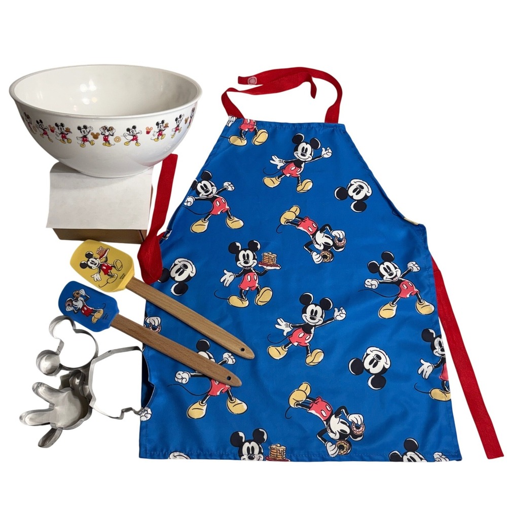Disney Mickey Mouse Kids 7pc Baking Set Apron Bowl Spatulas Cookie Cutters Sz6/7